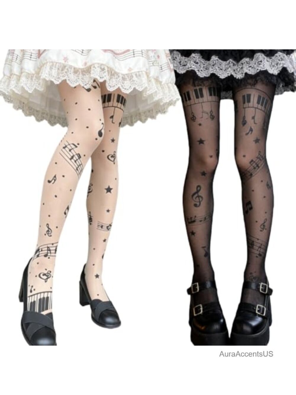 Funky Music Note Sheer Tights 2pc - Piano Key Print Pantyhose Y2K Stretch
